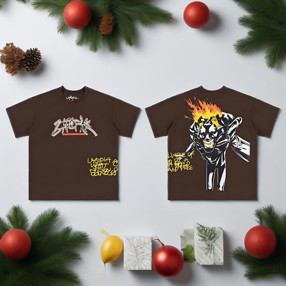 Zapotik Brown Cotton Loose T-Shirt Street Style Unisex Print